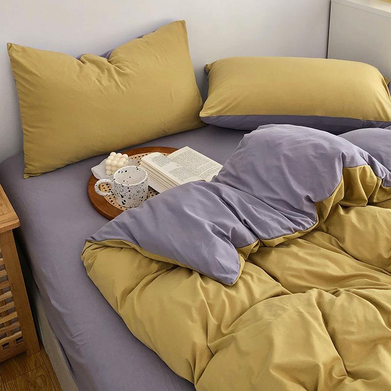 秋冬新款拼色针织棉四件套 简约素色被套枕套床单床笠款套件