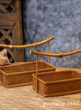 手工竹编大漆圆形方提篮茶具收纳TC32工盒筇竹茶叶包云装南特形色