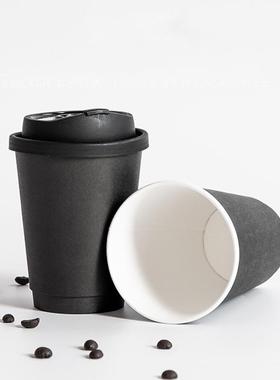 全黑色咖XYR啡奶茶杯热饮隔热纸双现层纸杯中空加饮厚外杯带杯货