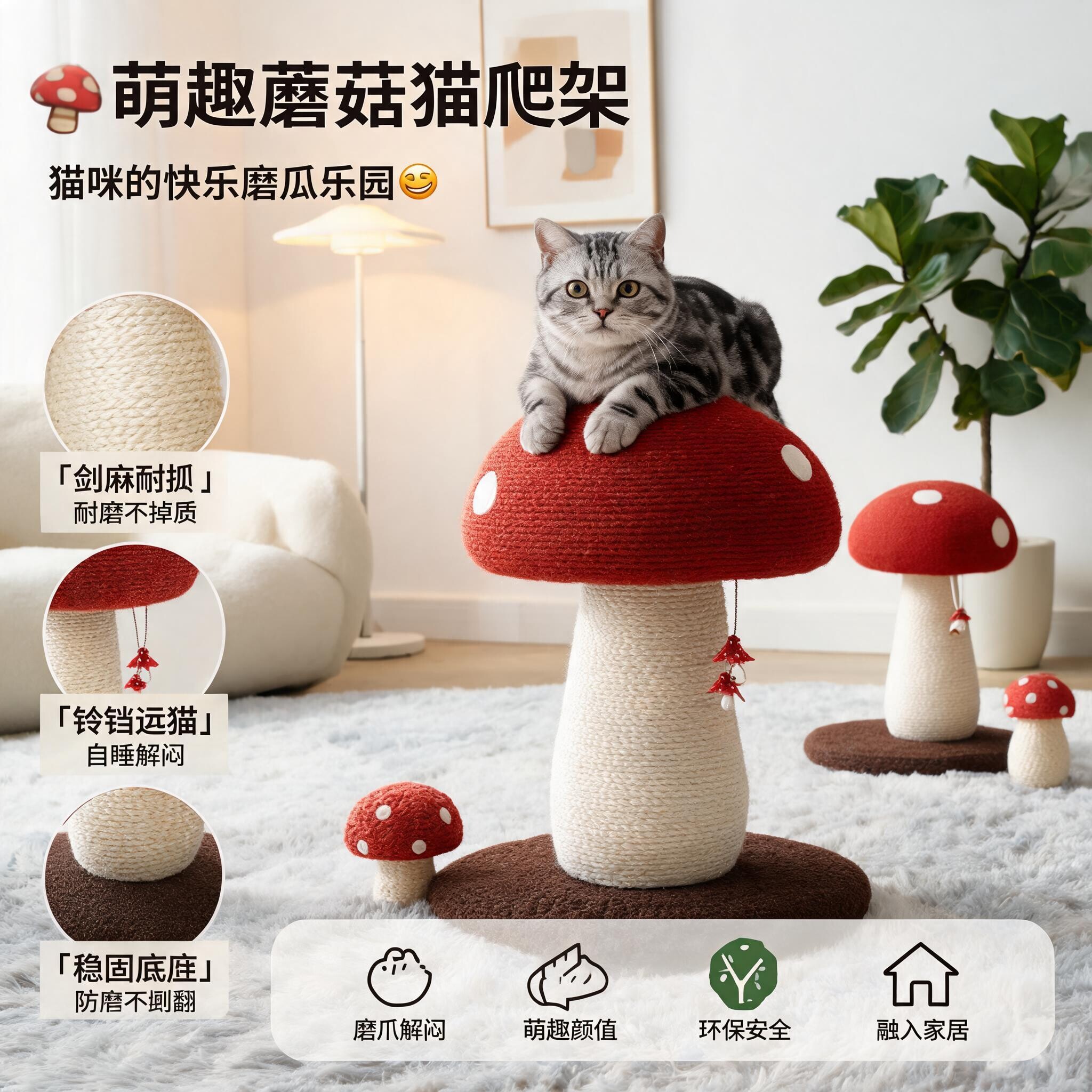 蘑菇猫抓板立式耐磨不掉屑猫咪磨爪神器剑麻猫抓柱猫爬架猫玩具