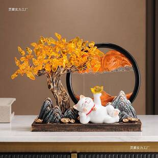 发财树进宝摆猫件F98S68S6流沙办公室画乔迁业大吉礼开物礼品