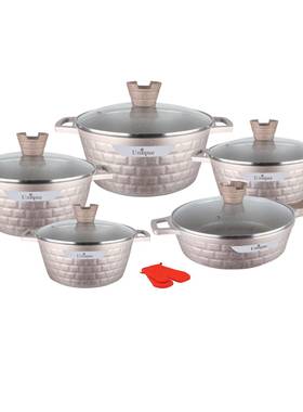 unique钻块12PCS锅具不粘汤锅煎锅套装铝合金压铸锅麦饭石套锅pot