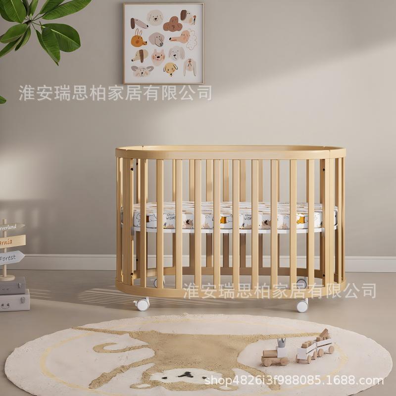 欧式婴儿床白色油漆床圆床实木宝宝床新生儿摇篮床多功能可拼接床