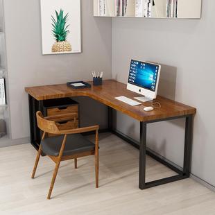 铁艺实木办公台式电脑桌简约现代家用小户型转角L型书桌书架组合