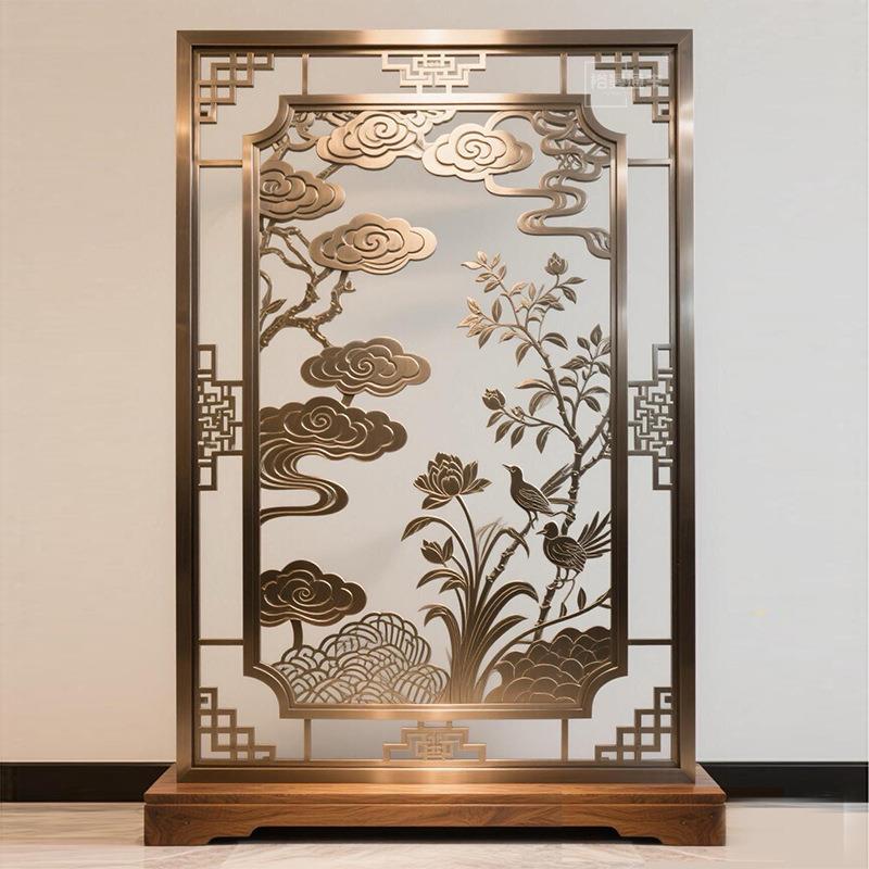 艺术不锈钢屏风隔断中式荷花翠鸟浮雕图案客厅卧室立式玄关