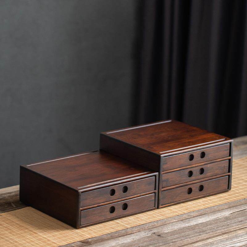 胡桃色竹制普洱茶盒收纳盒白茶茶饼盒多层储茶盒抽屉式茶具配件