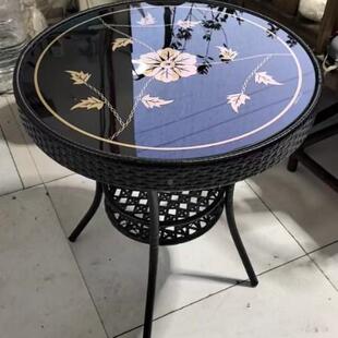 藤编茶小茶几圆形简圆易小藤编茶几桌钢化玻璃大方几子藤编休闲椅