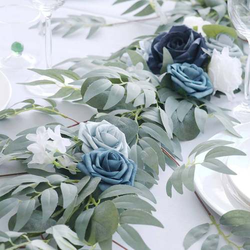 仿真玫瑰长条桌婚礼饰ZH-20220宴会装西具餐厅布置婚庆拍照花道藤