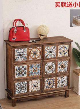 复00587古斗柜屉储物柜家用抽简易床柜头柜实木美式式彩绘木质边
