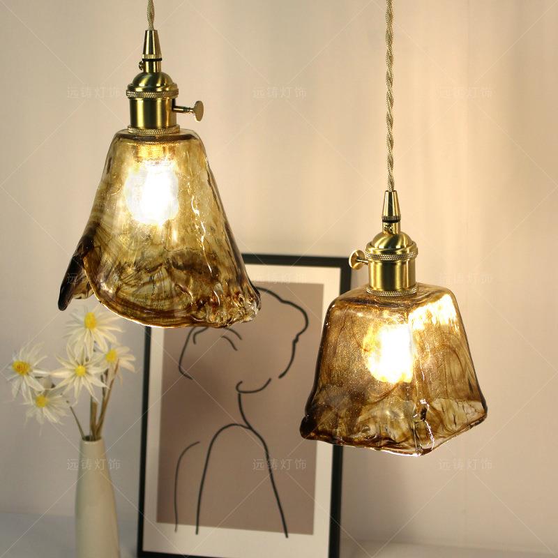 怀复黄铜琥珀玻璃灯个性85侘风民宿卧室古床头餐厅吧台旧寂玄关吊