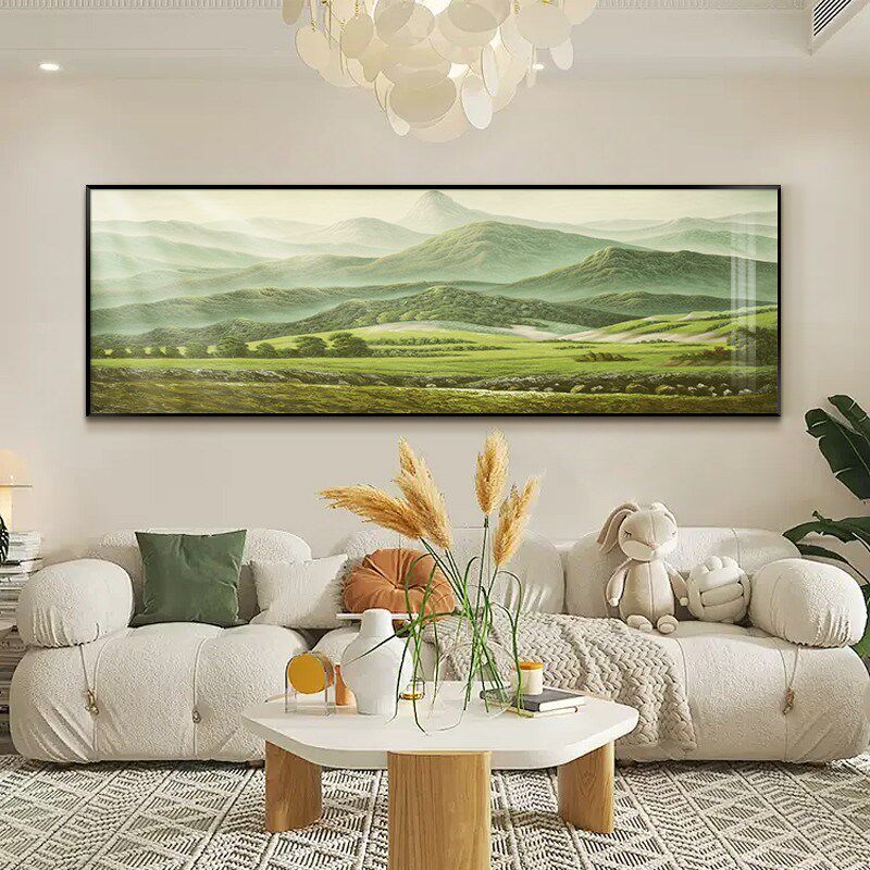 背有靠山客厅装饰画山水画沙发背景墙挂画巨人山手绘油画横版壁画