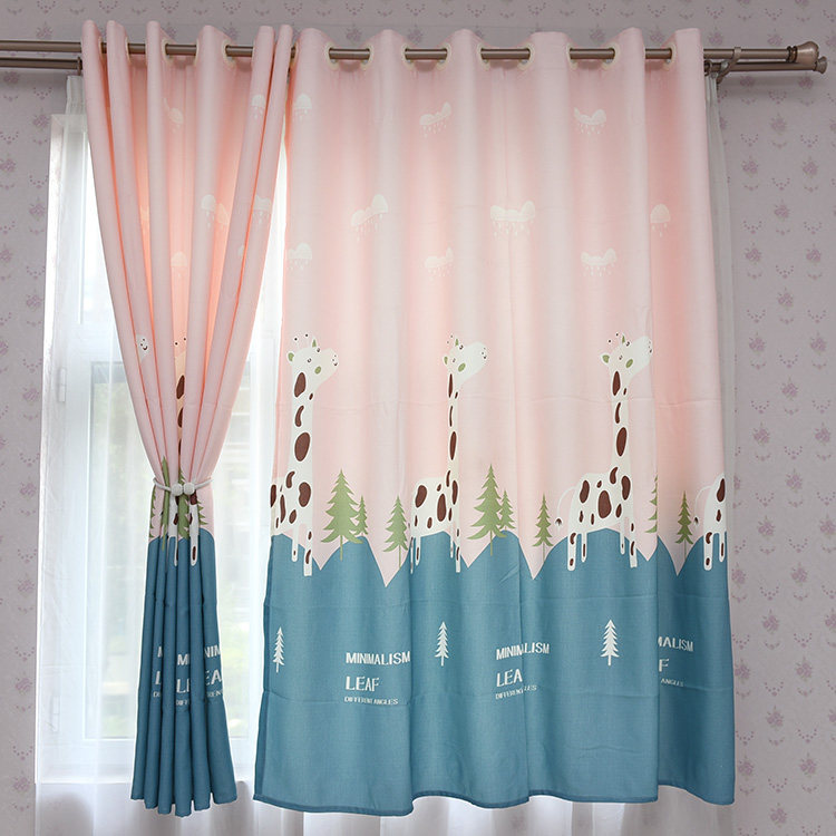新款挂钩打孔韩褶加工卡通图案遮光飘窗儿童女孩房定制短款窗帘