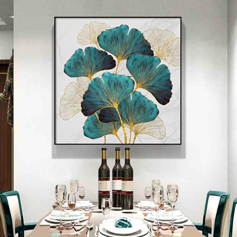 金叶溢金现代简约餐厅银杏叶装饰画正方形轻奢玄关画油画客厅挂画