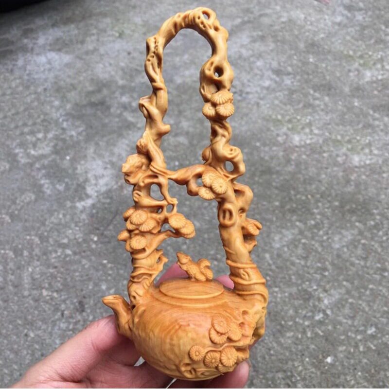 崖柏木雕刻茶壶工艺品中式家居创意摆件实木把玩件文玩提梁壶挂件