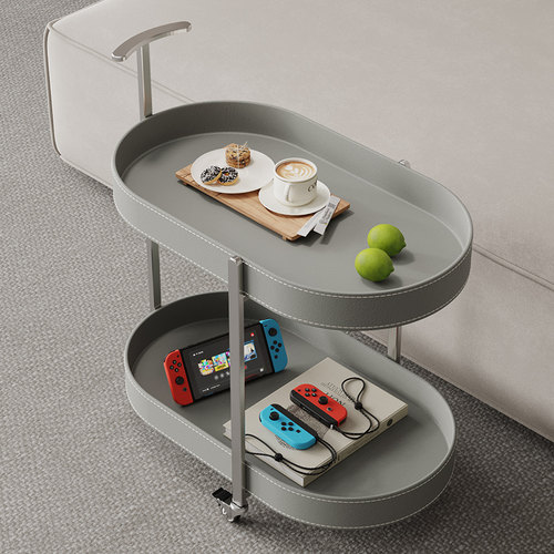 马鞍皮可移动推车现代简约沙发边带轮边几家用小户型椭圆形小茶几