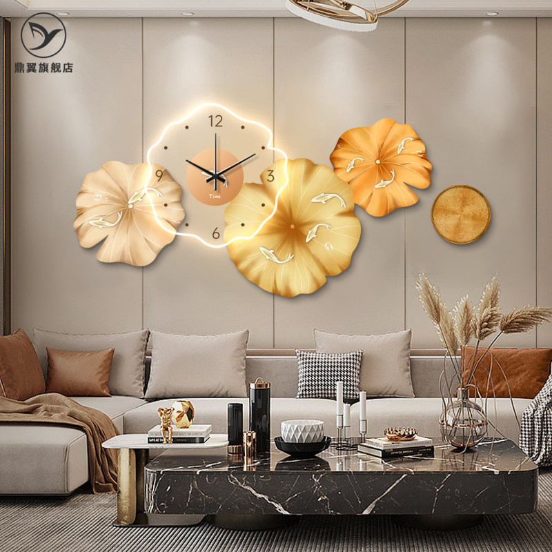 高级精雕九鱼图沙发背景墙装饰画led带灯的画客厅墙面装饰挂件钟