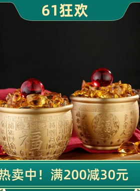 黄铜百福米缸摆件浮雕招财进宝开业乔迁礼品对联缸家居客厅装饰品