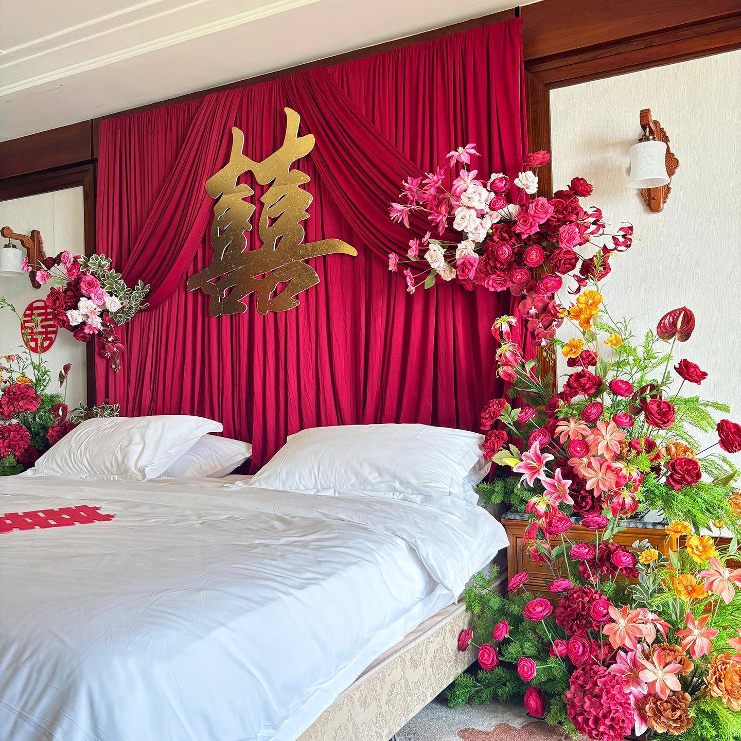 婚房装饰花中卧式婚布幔结布置床头氛婚房装饰围感喜字套装婚礼拉