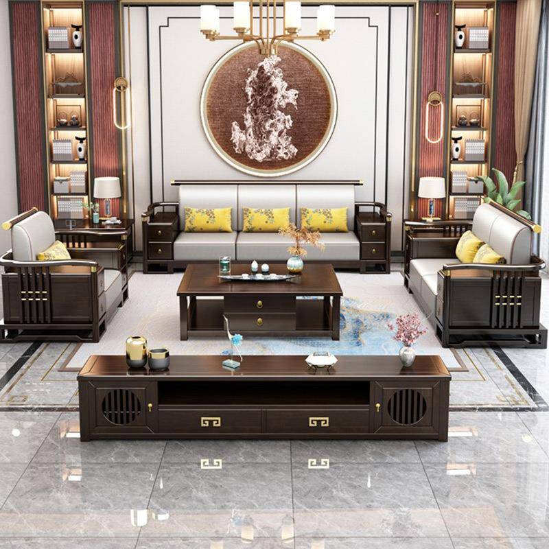 新中式用实木沙发夏冬两软靠免洗布艺沙发茶9906几合组别墅大户型