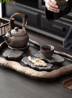 式荷叶托23JS0427茶盘家用客厅小型陶茶瓷复古几干泡中台储水排水