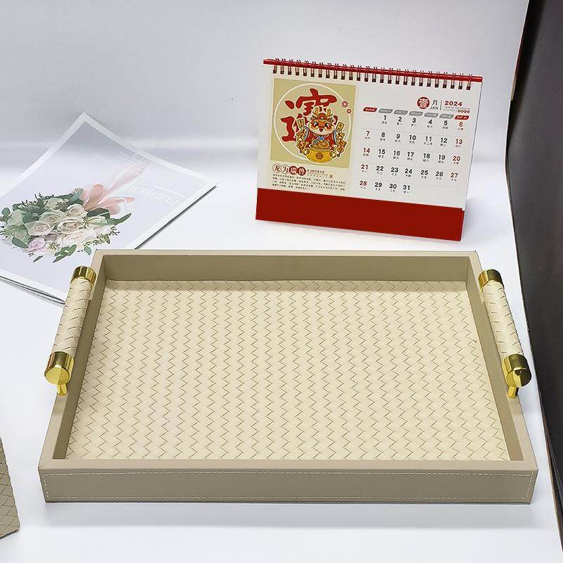 方轻风北欧长形编织仿奢皮革托桌盘桌面收WPE纳盘乔迁礼品餐客厅