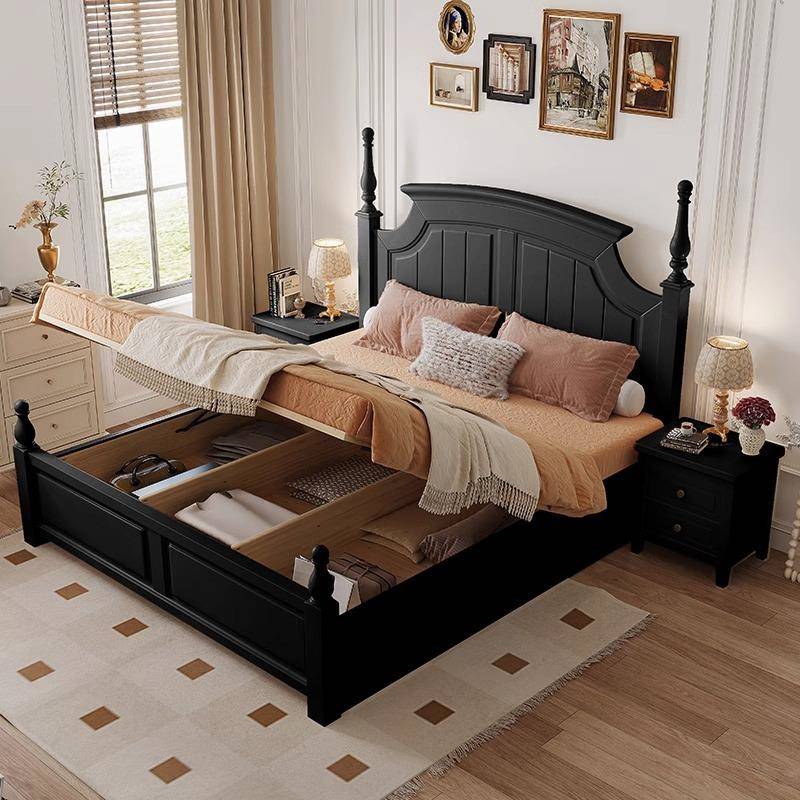 美式实卧双木床1.8米602黑色人床主室大床1.5m储物橡木黑复古法式