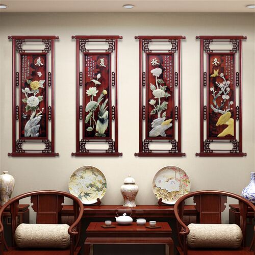 中式客厅沙发背景墙装饰画餐厅四联玉雕壁画实木玉石梅兰竹菊挂画