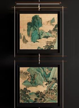 新中式餐厅包间房高级酒店装饰画带灯金属杆挂画茶室会所高档墙饰