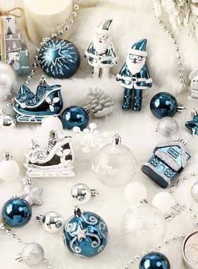 圣诞节装863球饰品5诞0pcs蓝白彩绘圣套装挂饰银圣诞树装饰挂件