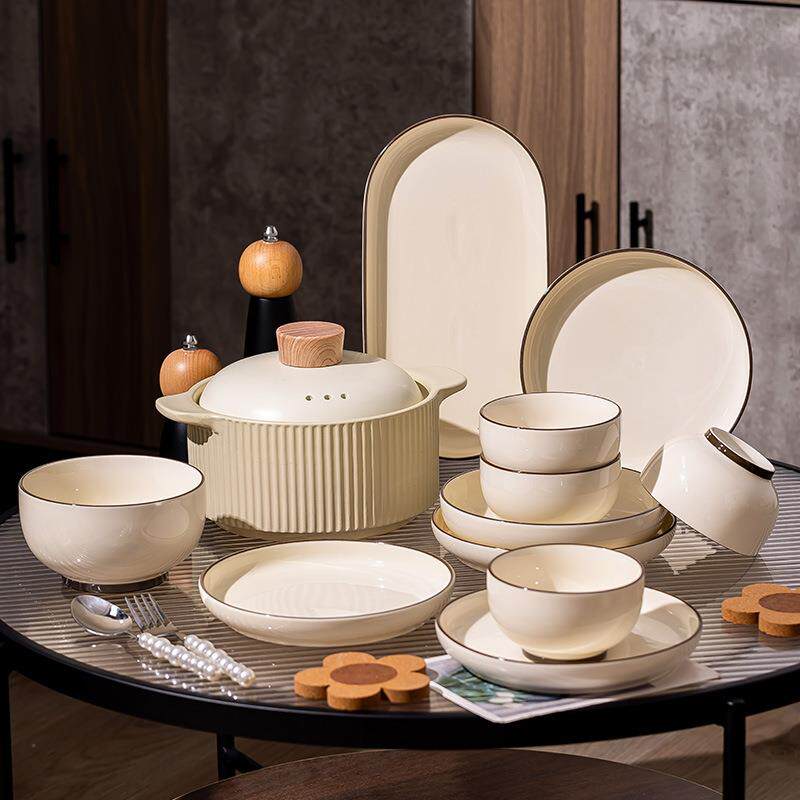 轻奢碗碟套装加无品牌/厚防烫高颜值瓷碗盘陶具套装黄棕线奶餐油