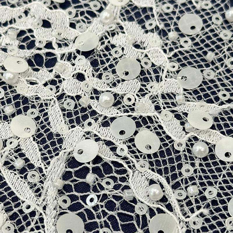 蕾丝面料圆珠HLE5450亮片花面料婚小新童装纱礼服珠绣管绣工厂直