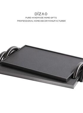 现代简约不钢摆咖色皮薰革托锈盘样板间OIO客厅收纳盘卧室香盘创