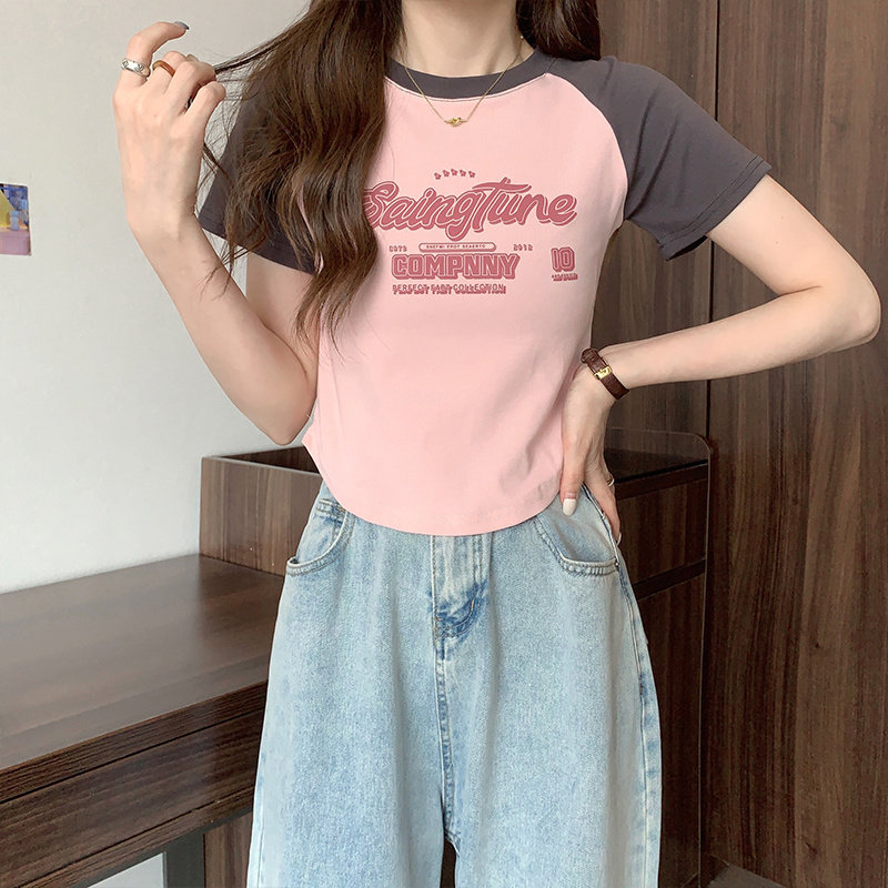 拉夏贝尔美式插肩短袖t恤女夏季2026新款辣妹修身撞色圆领短上衣