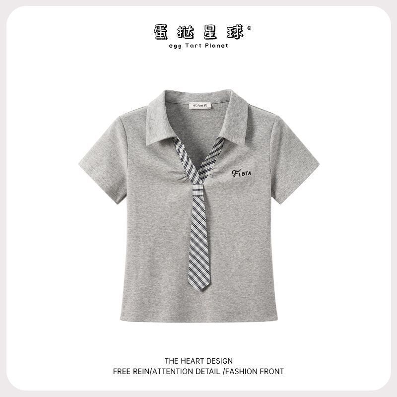 灰色正肩短袖t恤女夏季大码胖mm学院风格纹领带POLO衫设计感上衣