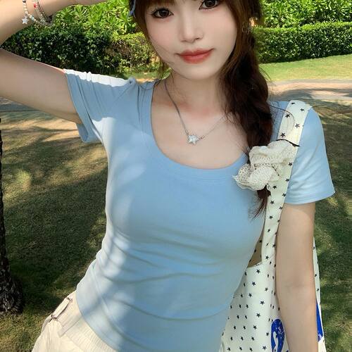 Bluee33 miu系U领正肩短袖修身显瘦T恤蓝色温柔显白短款上衣女