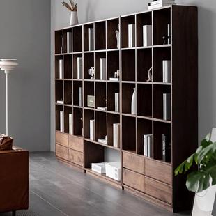 北欧黑胡桃木实木书架客厅简约樱桃木多层格子展示架落地靠墙书架