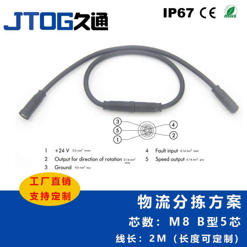 英特诺INTERROLL滚筒EC310电动滚筒连接线M8连接器5芯航空插头