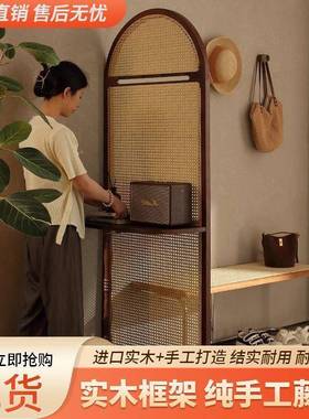 复古实木藤编屏风断客厅入户物进挡门遮玄关柜现隔TIS代简约置架
