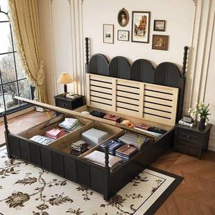 法式 大气 复古床黑色ZVS中双古风人床现代简约美实主木床卧高端式