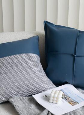 现YMM代简亮蓝色P皮抱枕沙客厅发靠枕样板间装U饰靠垫长方形腰约