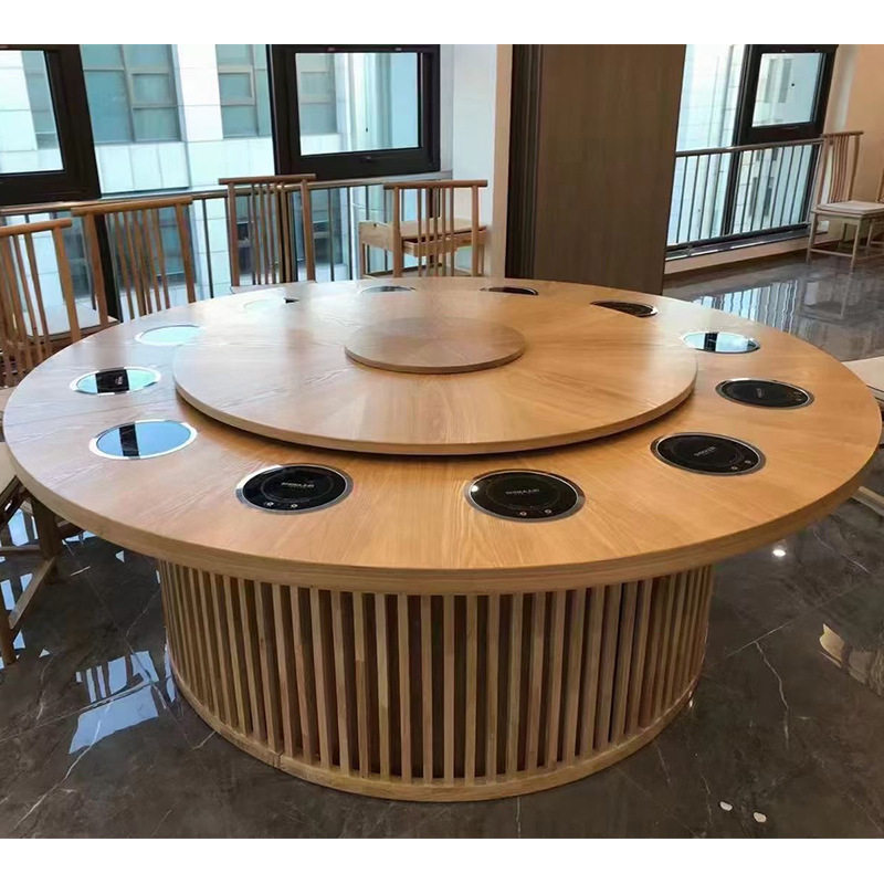 酒店电动餐桌大圆桌新中式大理石岩板餐桌隐形火锅桌转盘10人