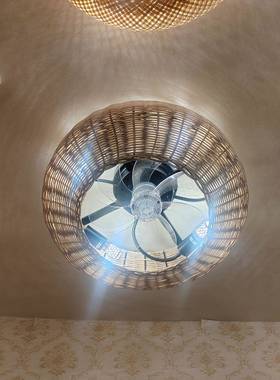 美式复古吸顶藤艺风扇灯木纹色古无品牌/扇形隐客厅餐厅卧室复吊