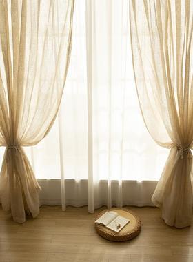 式侘寂原木亚麻棉日窗纱民宿客厅卧室KRP窗麻帘纱透光风不透人纱