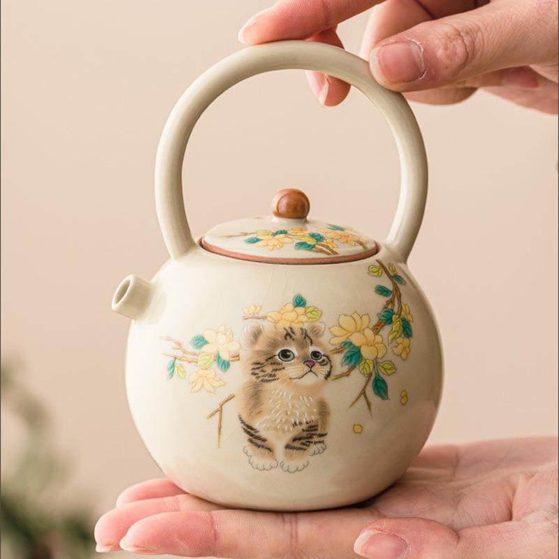 汝窑萌猫圆满提梁壶茶具套装家用泡茶茶壶单壶陶瓷开片可养