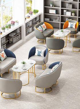 M商务接待沙发组合洽谈圆形茶几轻奢大理石桌子大堂单双布艺灰色