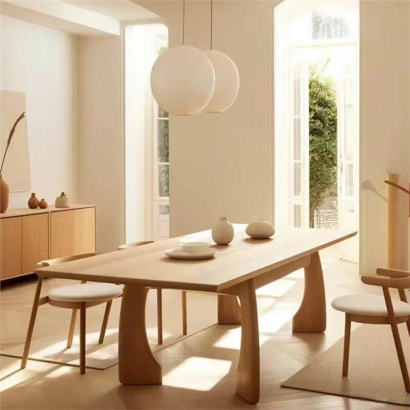 奶油风实木餐桌现代简约原木长桌子设计师创意桌椅组合家用洽谈桌