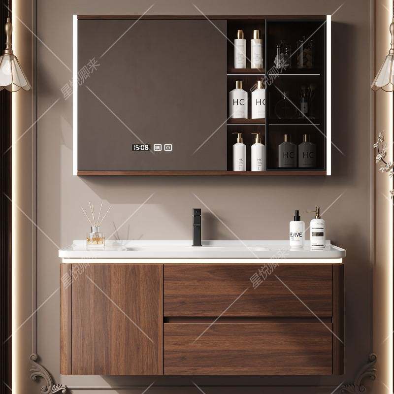 中古风胡桃木色圆弧浴室柜组合卫生间陶瓷一体洗漱台洗手池洗脸盆