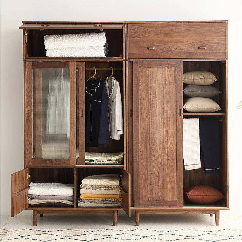 北欧黑胡桃实木简约现代橡木推拉门柜子卧室移门衣柜收纳柜置物柜