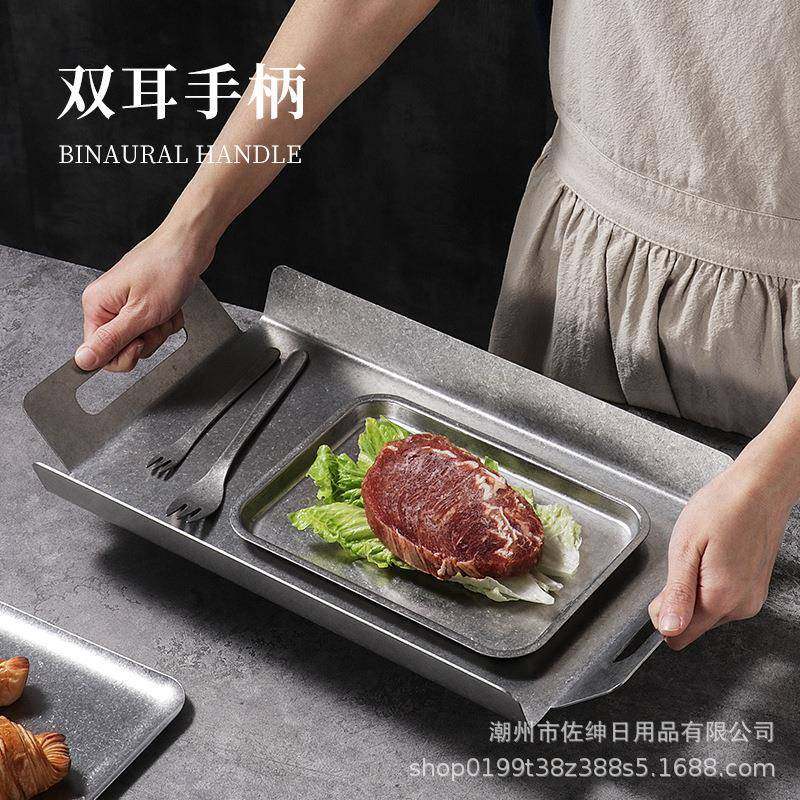 做旧古DC-1工业风304不啡锈钢端餐盘咖店茶水料盘长方复形饮托盘