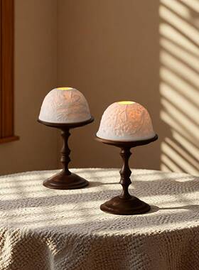 中古风桃胡烛台带骨瓷通风LIY罩蜡烛木台薰装饰品烛光香蜡烛餐桌